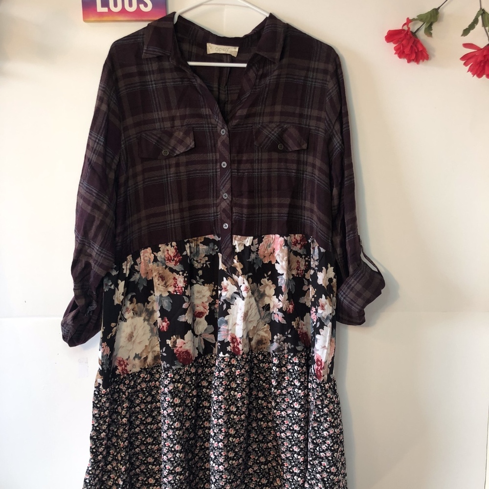 Plaid and Floral Burgundy Dress